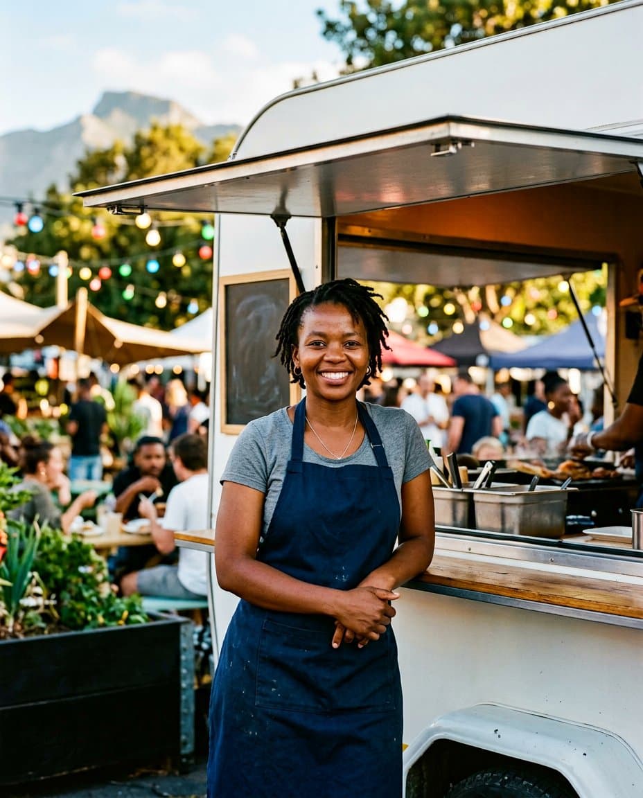 Thandi Mokoena at the serving hatch of her mobile food trailer at a Cape Town market