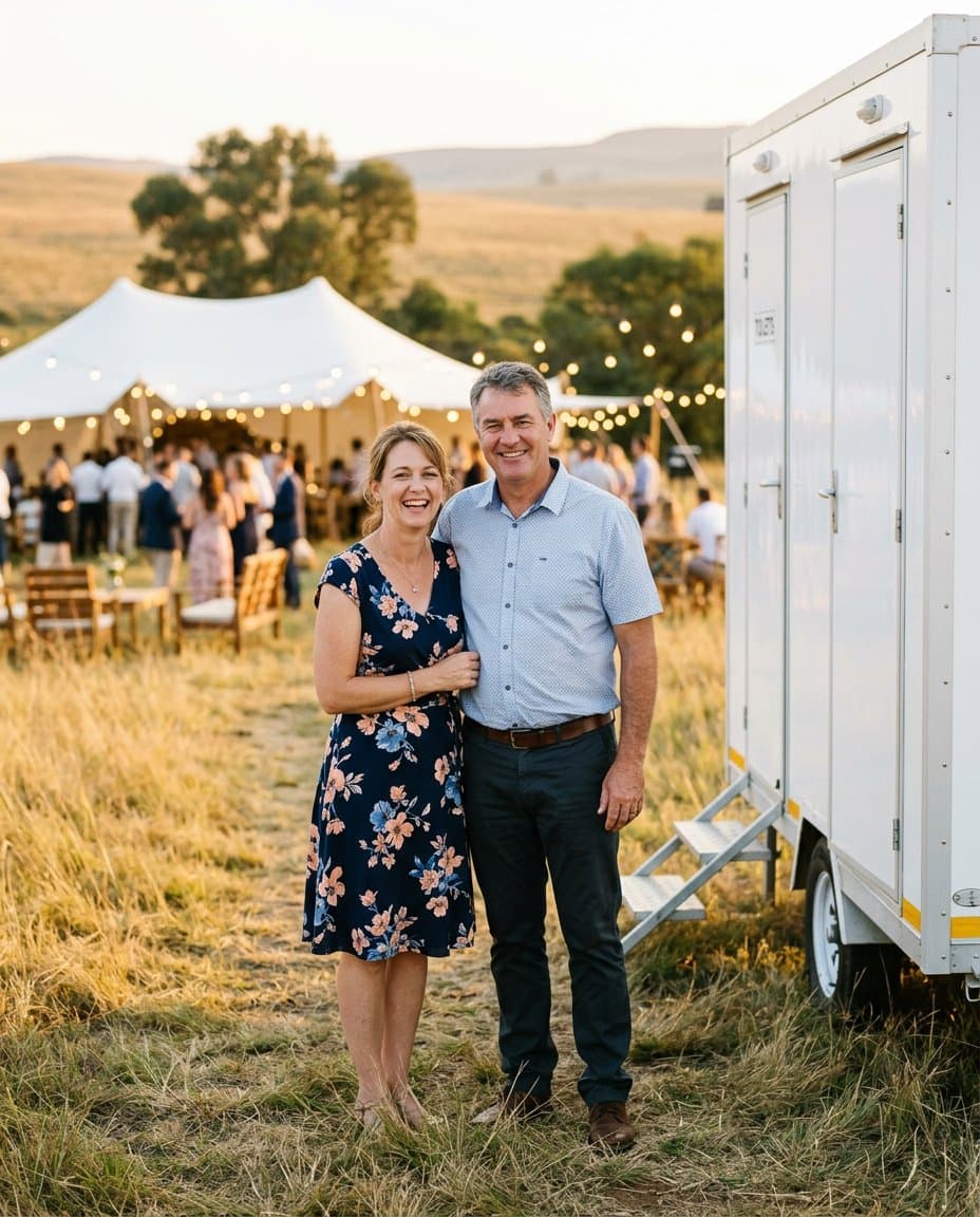 Johan and Elmarie van der Merwe beside a mobile toilet trailer at their Free State wedding